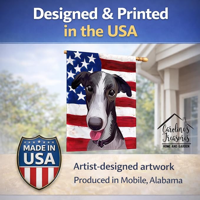 Caroline's Treasures CK6651CHF Polish Greyhound Dog American Flag House Flag Large Porch Sleeve Pole Decorative Outside Yard Banner Artwork Wall Hanging, Polyester, House Size, Multicolor