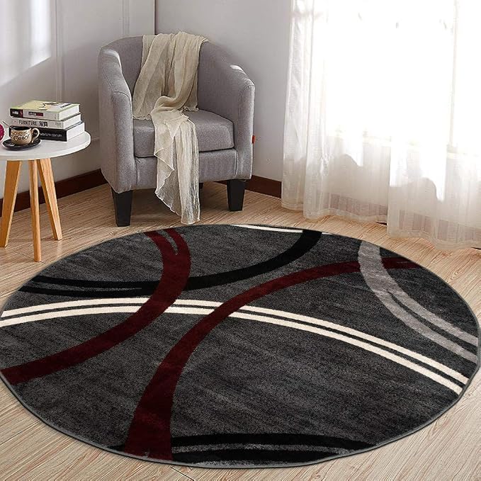 Rugshop Wavy Circles Modern Non-Shedding Living Room Round Rug Red 6'6" | Round, Size 6'6", Bedroom, Dining Room, Home Office, Kitchen, Entryway, Hallway, Nursery, Kids Room, Guest Room
