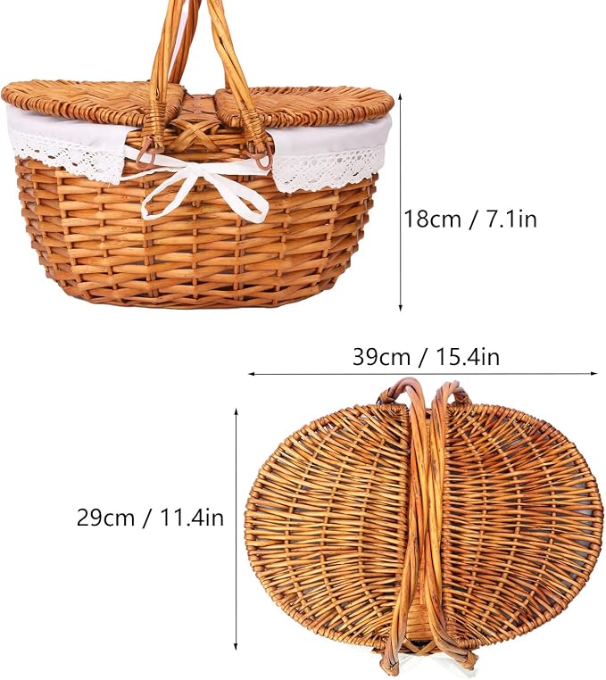 Wicker Picnic Basket with Lid, Wicker Picnic Hamper with Removable Lining and Foldable Handles, Woven Picnic and Outdoor Basket for Camping, Picnics, and Outdoor Adventures
