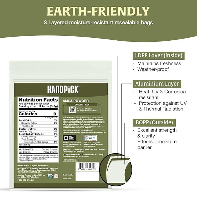 HANDPICK Organic Amla Powder (14oz) Amalaki, USDA Organic, Non-GMO | 100% Raw and Natural - Lab Tested for Purity | Indian Gooseberry Powder | Resealable Zip Lock Pouch (Packaging may vary)