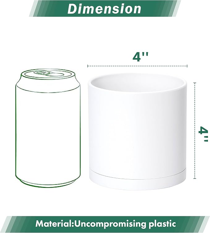 D'vine Dev 2 Pack 4 Inch Modern Plastic Plant Pots, Small Garden Planters for Plant with Drainage Holes and Saucers, White Color, 74-Z-E-1