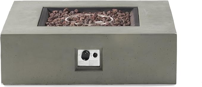 Christopher Knight Home Belgian Patio Furniture Set with Fire Pit Table and Tank Holder, Outdoor Conversation Set with Fire Table, Acacia Wood Lounge Chair Outdoor Set of 4, Teak+Cream+Light Grey