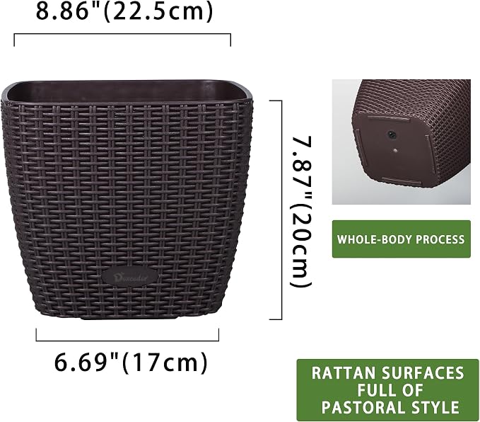 Dexceder 9x8 Self Watering Planter (Brown Rattan) | Inner Mat Design, Thickened Table Flower Plant Pot with Water Level Indicator Indoor Outdoor