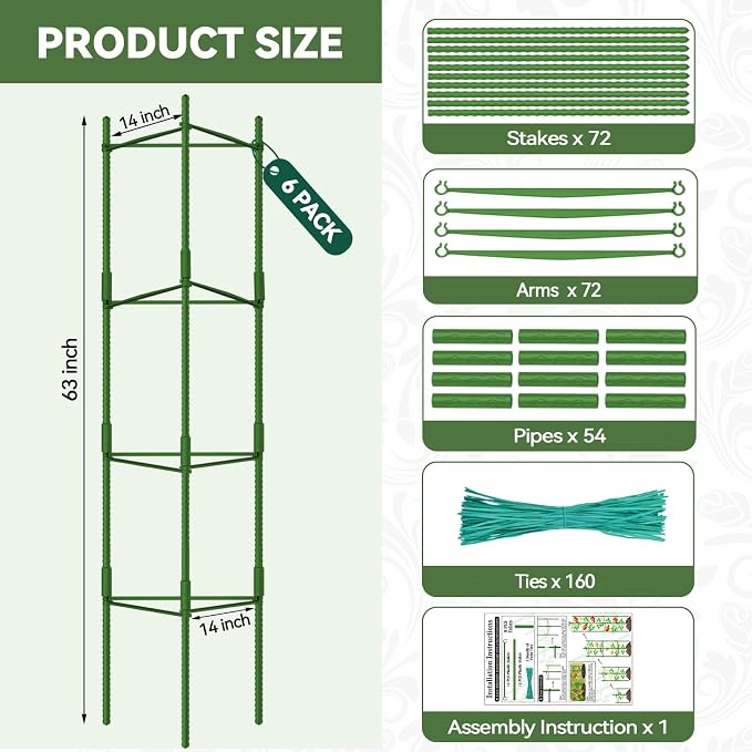 Halatool 63 Inch Tall Tomato Cages for Garden, 6 Pack Adjustable Tomato Cage, Garden Stakes Tomato Trellis for Pots, Tomato Plant Support for Raised Garden Bed &Vegetables Flowers