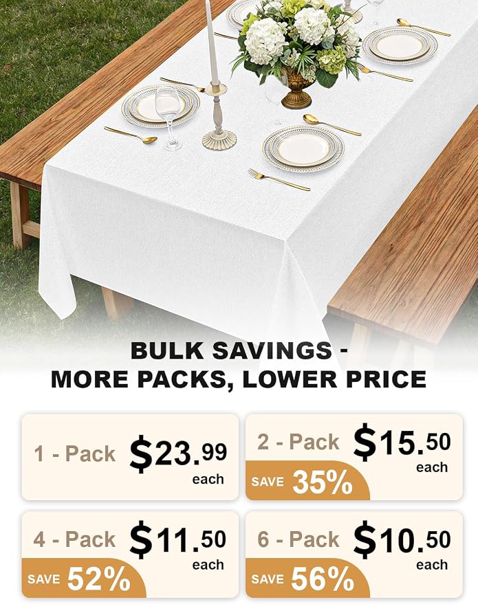 Decorelia White Washable Table Cloths for 8 Ft Rectangle Tables-4 Pack, Washable Polyester Rustic Faux Linen Rectangular Table Cloth Cover for Wedding,Outdoor,Events, Party,Banquet,Dining, 60x120 Inch