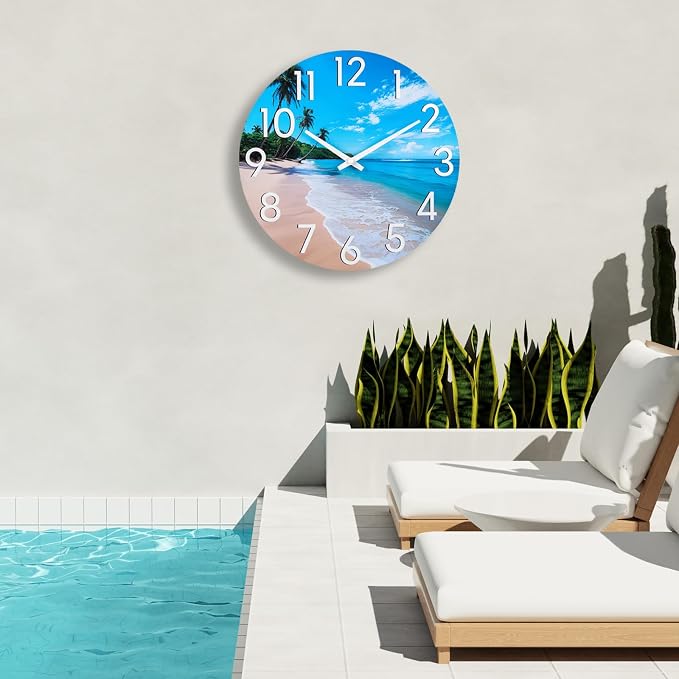 JoFomp Beach Outdoor Clocks for Patio, Large Outdoor Clocks Waterproof 16 Inch with Glass, Outdoor Wall Clocks Battery Operated, Pool Clock Outdoor Weatherproof, Outside Clock for Backyard/Garden