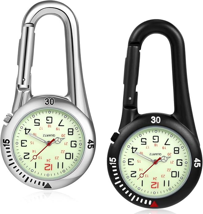Hicarer 2 Pieces Clip on Quartz Watch Backpack Fob Belt Glow in The Dark Unisex Pocket Watch with White Dial for Doctors Nurses Outdoor Activities