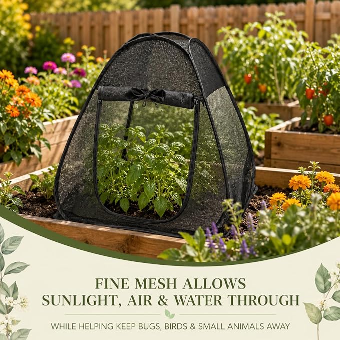 2PCS Pop up Plant Shade Tents（28 x 28 x 32 in-50% Shade Mesh Plant Cover with 16 U-Shaped Stakes for Outdoor Plants, Pop up Gardening Net Cover with Zipper Door, Guard Cover for Potted Plants