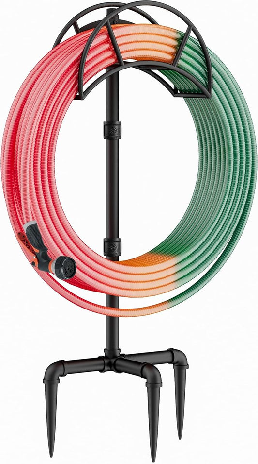 LAND·VOI Freestanding Garden Water Hose Storage Holder Stand for Outside, 160-Ft Hose Heavy Duty Metal Hanger Reel Organizer Outdoor Yard Lawn, Standing Keeper Rack with Ground Stake, Black GHH01B