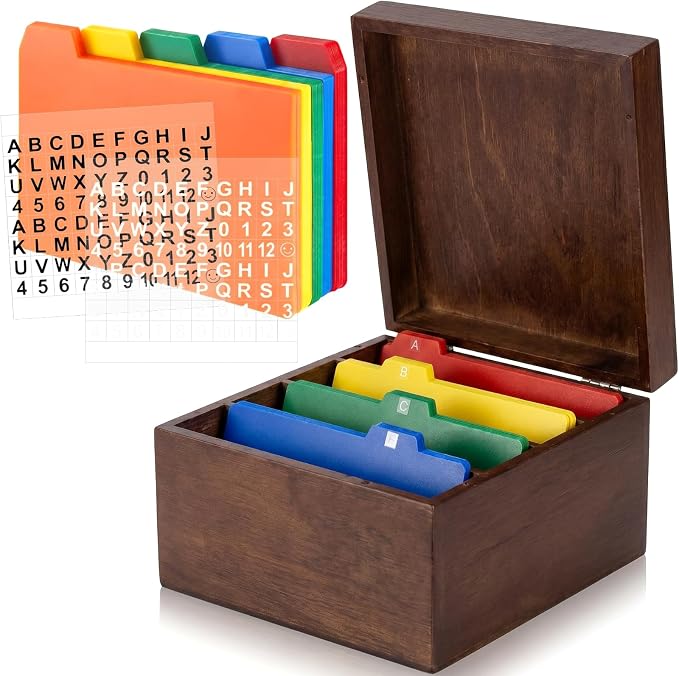 Henoyso 5 x 8 Inch Index Card Holder Set, Bamboo Index Cards Organizer, 50 Pcs Dividers 2 Sheets Alphabet Number Stickers File Note Holders for Office Business Classroom, Brown