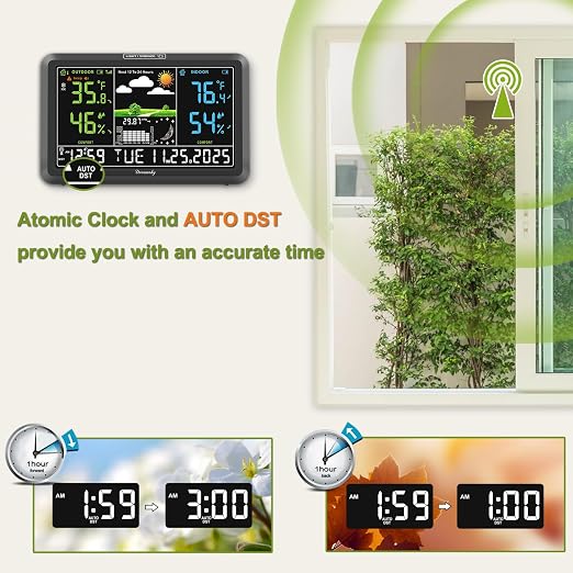 DreamSky Weather Station Indoor Outdoor Thermometer Wireless for Home | Digital Atomic Clock, Large Display with Dimmer, USB Port, Inside Outside Temperature Humidity Monitor (Plug-in)-3 Sensors