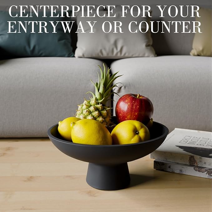 Large Black Decorative Bowl with Pedestal – 11.8" Modern Matte Resin Fruit Bowl for Kitchen Counter, Dining Table Centerpiece, Coffee Table or Entryway Home Décor