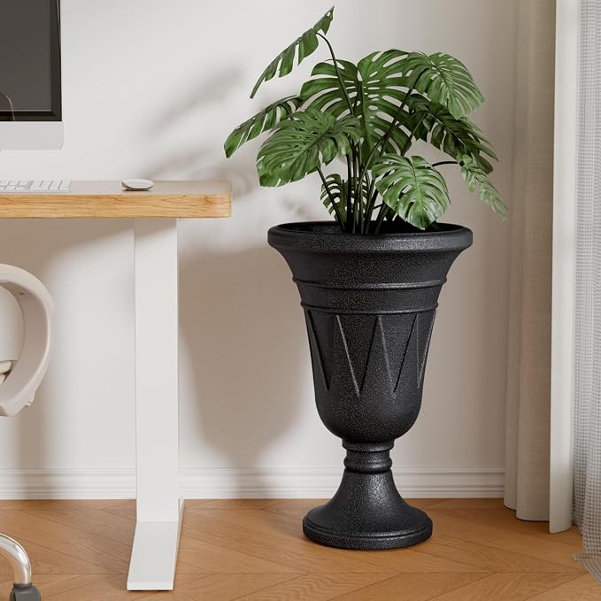 Tall Urn Planters for Outdoor Plants Set of 2-23.6" H Vintage Trophy Design Outdoor Planters for Porch Decor with Drainage Hole, Indoor Large Flower Pots, Pedestal Planter/Garden Vase, Black