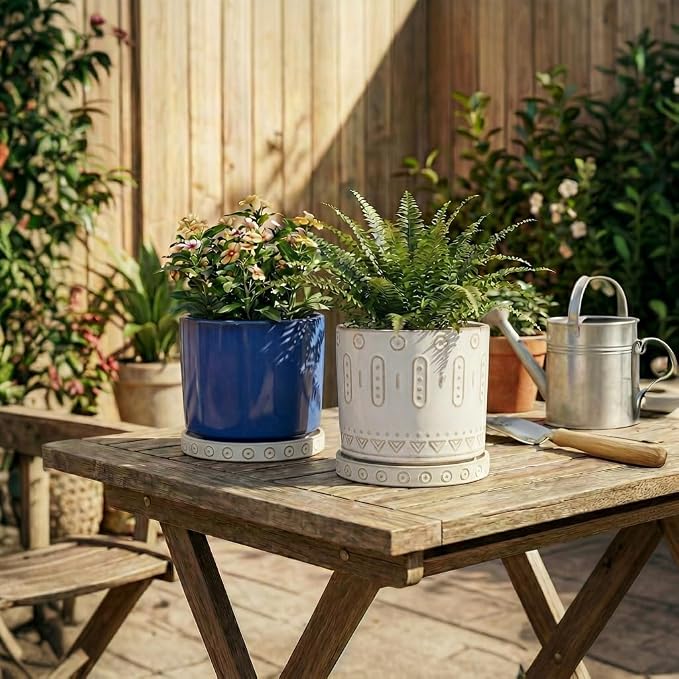 Eightpot Ceramic Plant Saucer, 2 Pack Plant Trays for Pot, 5.6 Inch Plant Pot Saucers for Indoor Outdoor, Round Plants Plates to Catch Water, Boho Decorative Plants Dishes to Catch Water, Cream White