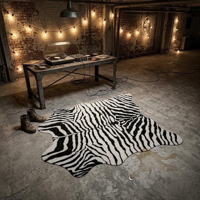 MustMat Faux Zebra Print Area Rug, Industrial Style Decor 4'7'' × 5'3'' | Black/White, Fits Bedrooms, Living Rooms & Reading Nooks. Suits Rustic, Minimalist Decor For Holiday & Birthday Use