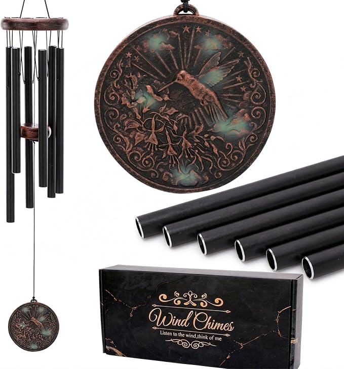 Wind Chimes for Outside - Vintage Hummingbird Deep Tone Windchimes with Greeting Card Indoor Outdoor Patio Garden Yard Balcony Hanging Decor Memorial Birthday Gifts for Women Men Mom Dad