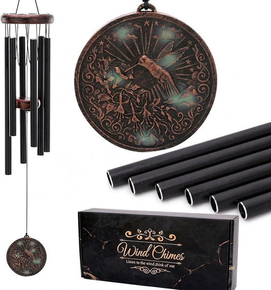 Wind Chimes for Outside - Vintage Hummingbird Deep Tone Windchimes with Greeting Card Indoor Outdoor Patio Garden Yard Balcony Hanging Decor Memorial Birthday Gifts for Women Men Mom Dad