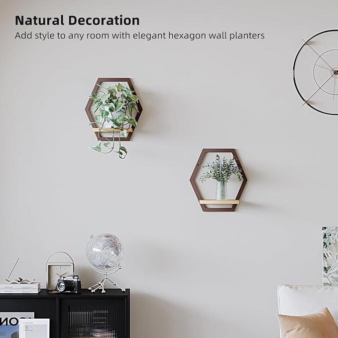 2 Pack Solid Wood & Metal Framework Wall Plant Stands,9 inch Natural Wood Shelf of Indoor,Mid Century Modern Hanging Planter for Outdoor Entryway 25 LB Load for Plants Coffee