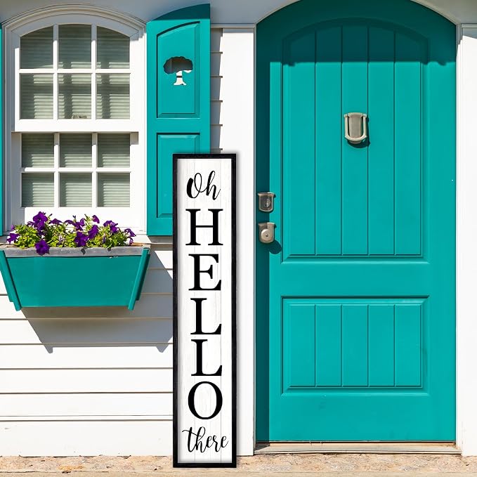 Oh Hello There Outdoor Welcome Sign For Front Porch Standing 45"X9" Large Rustic Farmhouse Vertical Tall Long Wooden Framed Outside Front Door Home Wall Decoration (Black)