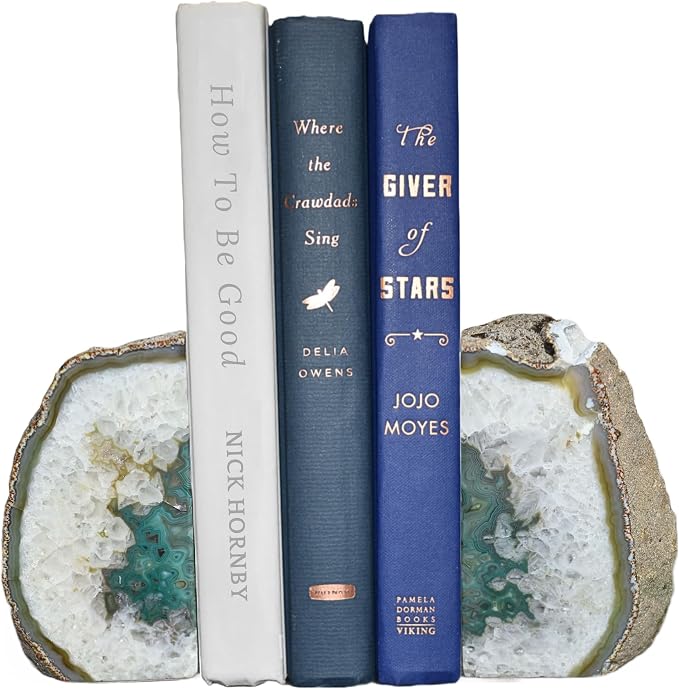 Nature's Decorations Agate Stone Bookends - A Quality Green Geode with Non-Skid Rubber Bumpers for Shelves, Office, Home Decor, Heavy Duty Cute Stone (2-3 LB)