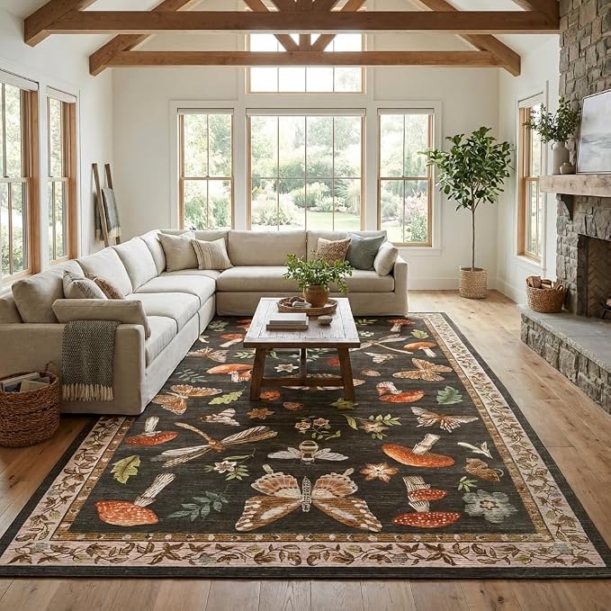 ROYHOME Mushroom Washable Rug 9x12 Area Rugs for Living Room, Insect Print Rug for Bedroom, Non Slip Throw Rugs with Rubber Back, Soft Low Pile Dining Room Under Table, Brown