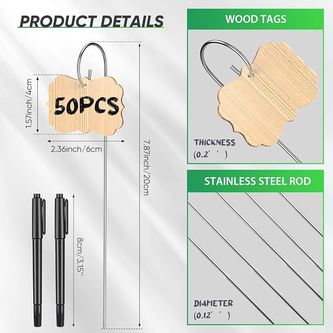 CroBlissful 50pcs Bamboo Plant Labels Plant Tags Garden Signs Markers with Stainless Steel Stake and Pen Decorative Wood Garden Labels Plant Sign Tags for Flowers Vegetables Herbs Potted Plants Seed