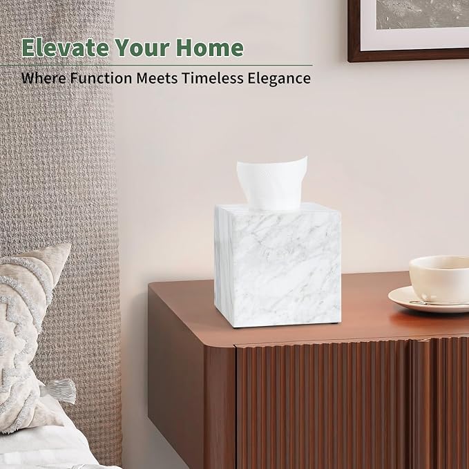 Real Natural Marble Tissue Box Cover, 5.5 Inch Square Marble Tissue Box Holder with Open Bottom, Heavy Stone Decorative Organizer for Bathroom Vanity, Kitchen Countertop, Luxury Home Décor