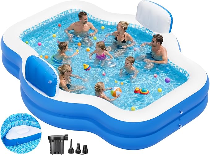 Extra Large Inflatable Pool with Pump, 121" X 90" X 22" Full-Sized Blow Up Pool with Seats for Adults, Family Inflatable Swimming Pool for Summer Water Party Backyard Garden Lawn
