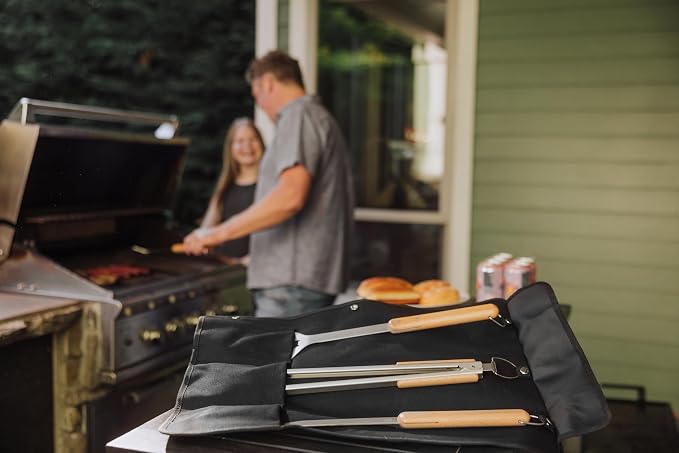 PICNIC TIME BBQ Roll Up 3 Piece Set, Outdoor BBQ Accessories with Black Canvas and Beechwood Tools, Grilling Accessories for Barbecue, BBQ Tools & Grill Set with Durable Canvas Tote and Strap, (Black)