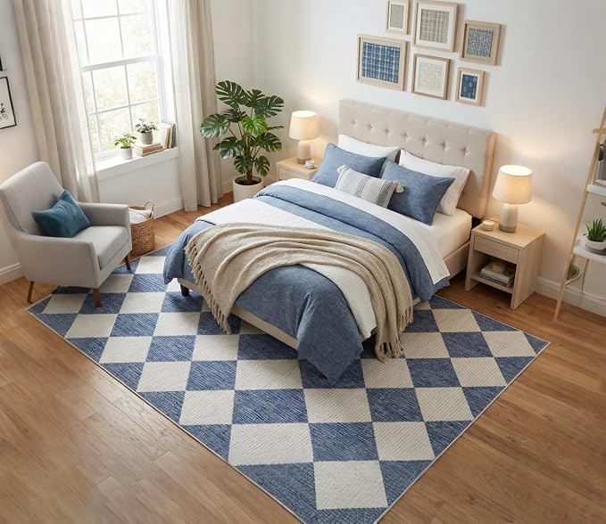 GarveeHome Navy Blue Area Rugs 8x10 Living Room Checkered Washable Rug | Large Soft Non Slip Backing Floor Mat Carpet Indoor Thin Rug for Bedroom Dining Room Playroom Nursery Home Decor