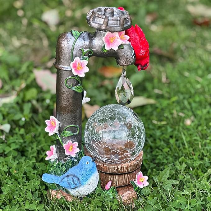 Solar Cardinal Garden Statue Decoration, Water Faucet and Solar Light Glass Ball, Outdoor Resin Garden Statue, Cardinal Gift, Women's Mother's Birthday Gift, Size 9.45 inches