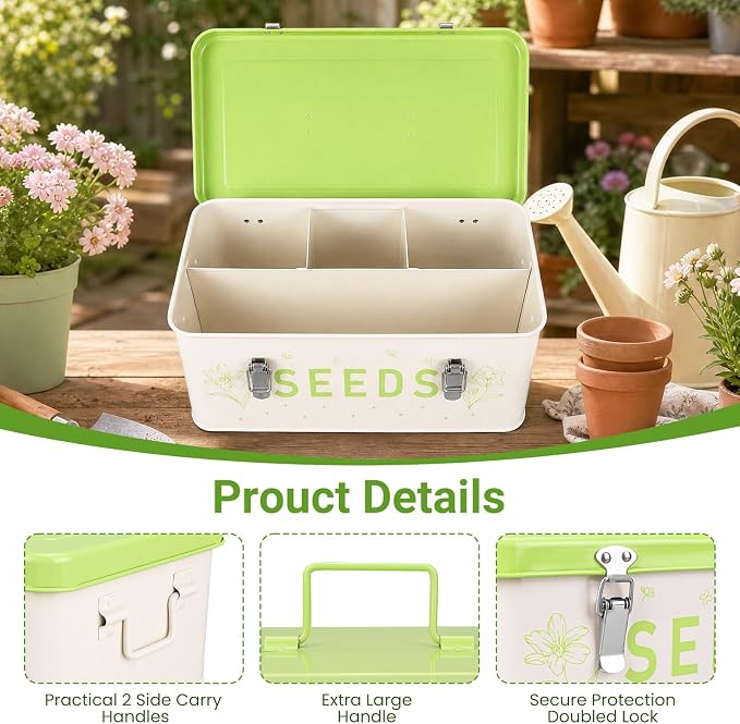 Seed Storage Organizer Box with 4 Compartments, Metal Seed Saving Container with Lockable Lid and Safety Locks, Includes 50 Envelopes, 100 Plant Labels, 50 Clips and Marker (Fruit Green)