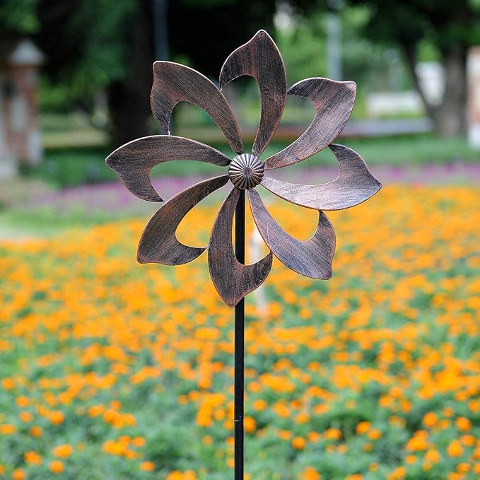 Wind Spinner Garden Decor, 61in(H) Copper Metal Easy Rotate Outdoor Stake | Tool-Free Assembly Adjustable Height Smooth Spin All-Weather Frame Premium Color Gift Box For Holiday Presents Yard Lawn