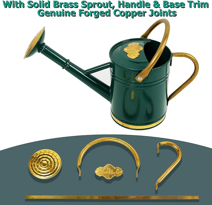 1 Gallon Green Metal Watering Can with Solid Brass Details, Removable Watering Rose, Decorative Garden Can for Indoor Plants, Patio and Greenhouse