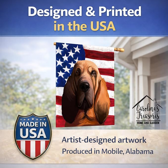 Caroline's Treasures CK6440CHF Bloodhound Dog American Flag House Flag Large Porch Sleeve Pole Decorative Outside Yard Banner Artwork Wall Hanging, Polyester, House Size, Multicolor