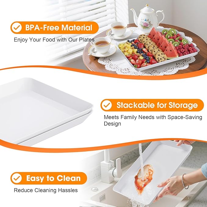 8-Pack Serving Tray, Serving Platter for Parties, Entertaining, Camping & Food Display, Reusable & Stackable Plastic Trays in Kitchen, Rectangular Food Platters for Cookie, Appetizer(White)