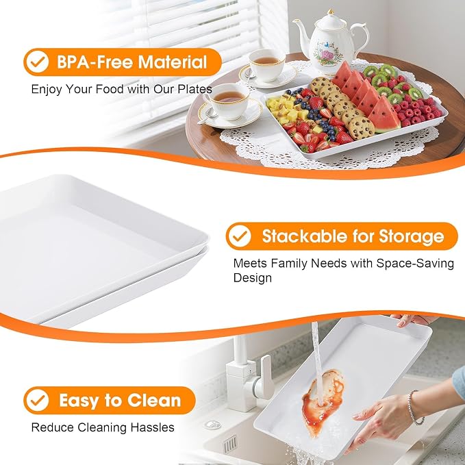 10-Pack Serving Tray, Serving Platter for Parties, Entertaining, Camping & Food Display, Reusable & Stackable Plastic Trays in Kitchen, Rectangular Food Platters for Cookie, Appetizer(White)