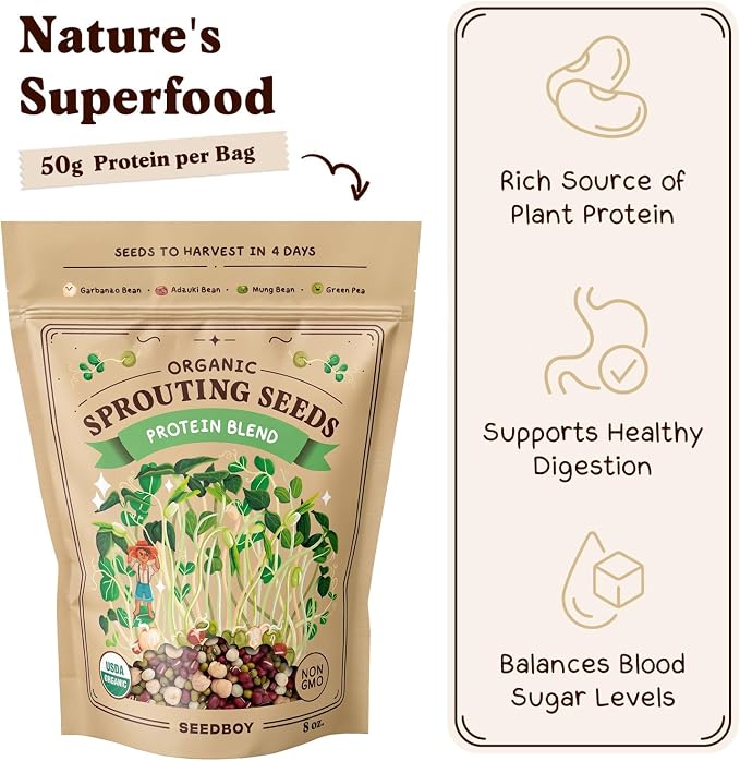 Seedboy Organic Non-GMO Sprouting Seeds, Protein Blend - USA Grown Microgreens Mix with Garbanzo, Mung Bean, Adzuki Beans, Green Pea - 8 oz Bag Makes 6 Quarts / 24 Servings (Protein Blend)