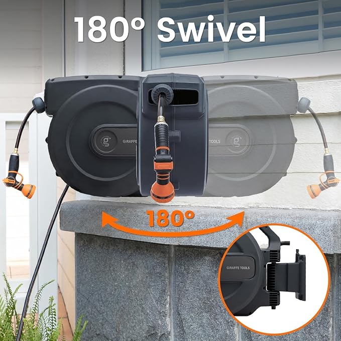 Giraffe Tools Retractable Garden Hose Reel 1/2 Inch x 130 ft, Super Heavy Duty, Any Length Lock, Slow Return System, Wall Mounted and 180 Deg Swivel Bracket