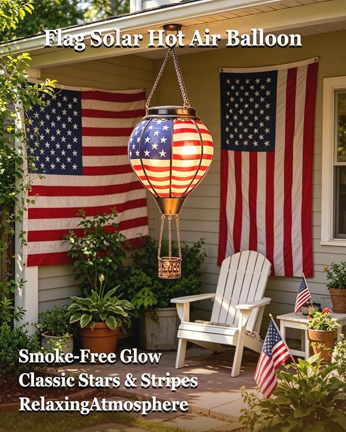 Larekook Solar Hot Air Balloon Lantern with Flame Flickering,Glass Hot Air Balloon Solar Lantern Outdoor Waterproof Hanging Garden Light for Patio Porch Yard,Birthday Gifts for Women(American Flag)