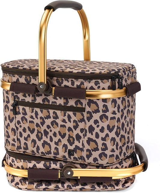 ALLCAMP Picnic Basket - Insulated Cooler, Thickening Foldable Picnic Basket with Removable Baskets & Sewn-in Frame, Basket for House Warming Gifts New Home(Leopard Print)