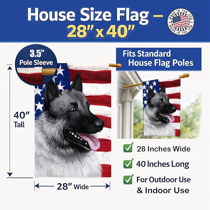 Caroline's Treasures CK6631CHF Norwegian Elkhound Dog American Flag House Flag Large Porch Sleeve Pole Decorative Outside Yard Banner Artwork Wall Hanging, Polyester, House Size, Multicolor