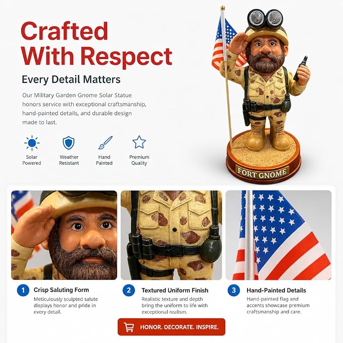 Military Garden Gnome - Patriotic Veteran Gift, 11 Inch | A saluting soldier with solar-lit goggles, for Memorial Day, Veterans Day and the 4th of July. Weatherproof resin.