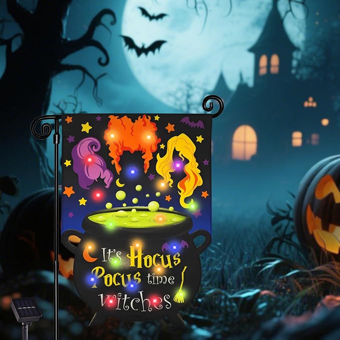 Halloween Lighted Garden Flag, Solar It's Hocus Pocus Witch Yard Flag for Outside, 8 Modes Double Sided Outdoor Halloween Decorations for Home Porch