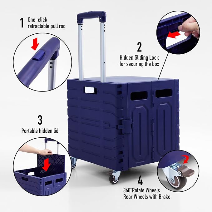 Folding Utility Cart Portable Rolling Crate Handcart Foldable Shopping Trolley Collapsible, with Lid, on Wheels, for Grocery, Garden, Office, Storage, Teacher, Tool (Purple)