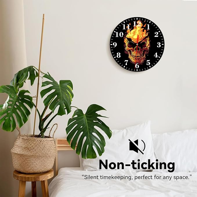 Wall Clock, Fire Skull Silent Non Ticking Battery Operated Round Decorative Indoor Outdoor Clocks for Living Room Kitchen Bedroom Bathroom Patio 12"