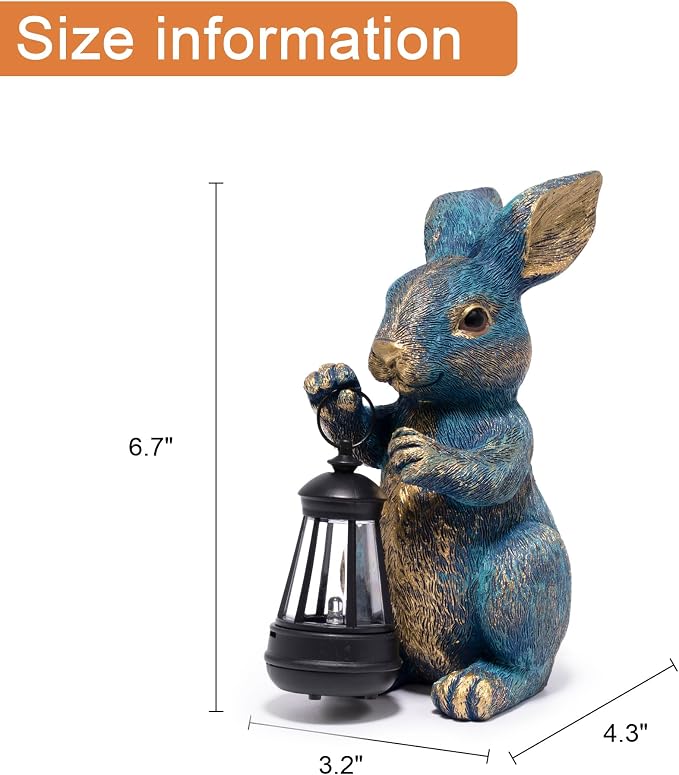 basen Outdoor Bunny Statue with LED Lantern, Battery Powered Resin Rabbit Garden Decor, Weather Resistant Lawn Yard Patio Ornament for Outdoor Indoor Spring Easter Home Decoration