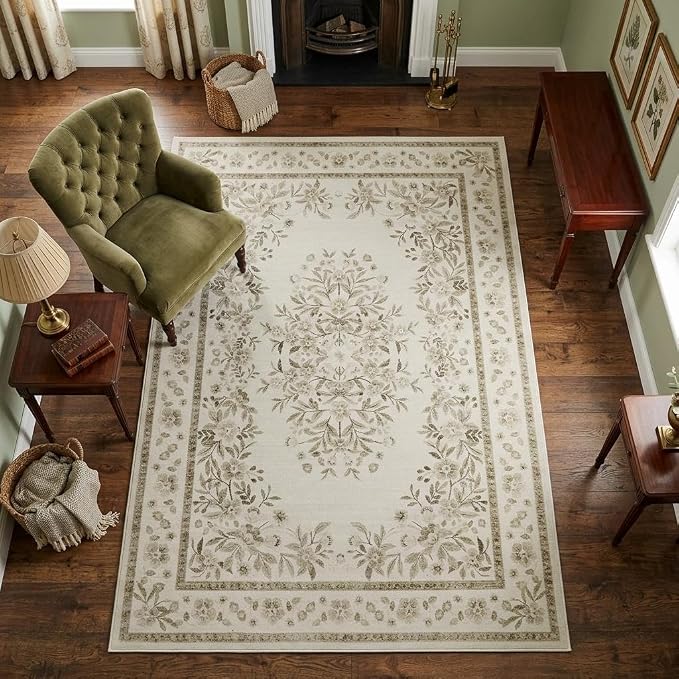 GarveeHome 3x5 Beige Rug for Laundry Room Vintage Flower Leaf Carpets | Vintage Floral Botanical Throw Rugs for Bedroom Non-Slip Low Pile Machine Washable Area Rug for Nursery Room Hallway Kitchen