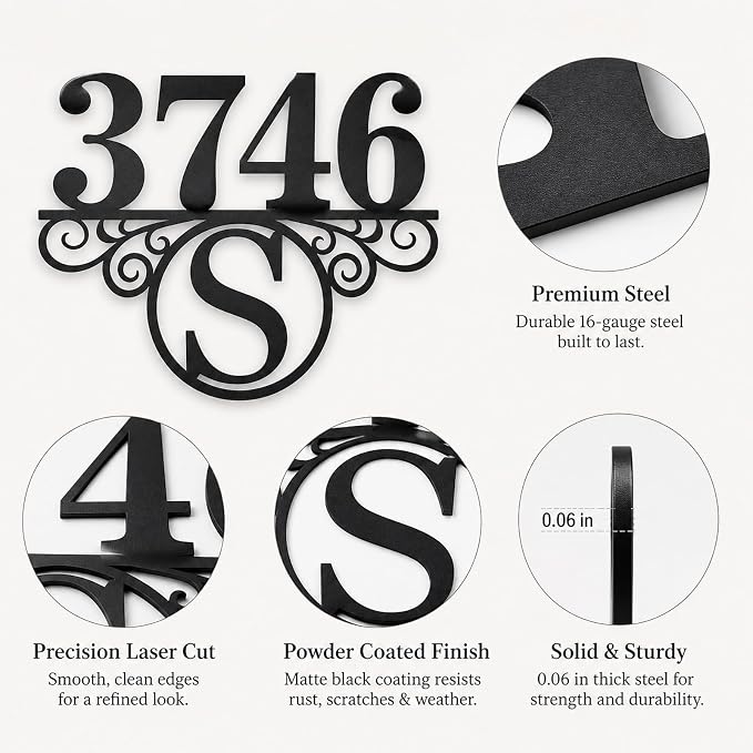 Custom Metal Address Sign for Home Personalized House Number Plaque Decorative Laser Cut Monogram Front Porch Wall Art Elegant Entryway Decor for Family Homes