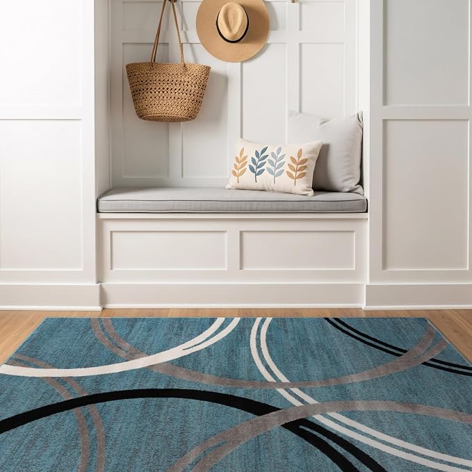 Rugshop Wavy Circles Modern Fade-Resistant Area Rug Blue 3'3" x 5' | Rectangular, Size 3'3" x 5', Living Room, Bedroom, Dining Room, Home Office, Kitchen, Entryway, Hallway, Nursery, Kids Room